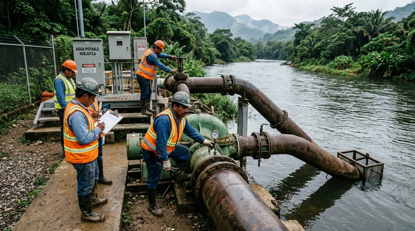 Personal técnico inspecciona sistema de bombeo en río Candelaria, Huejutla